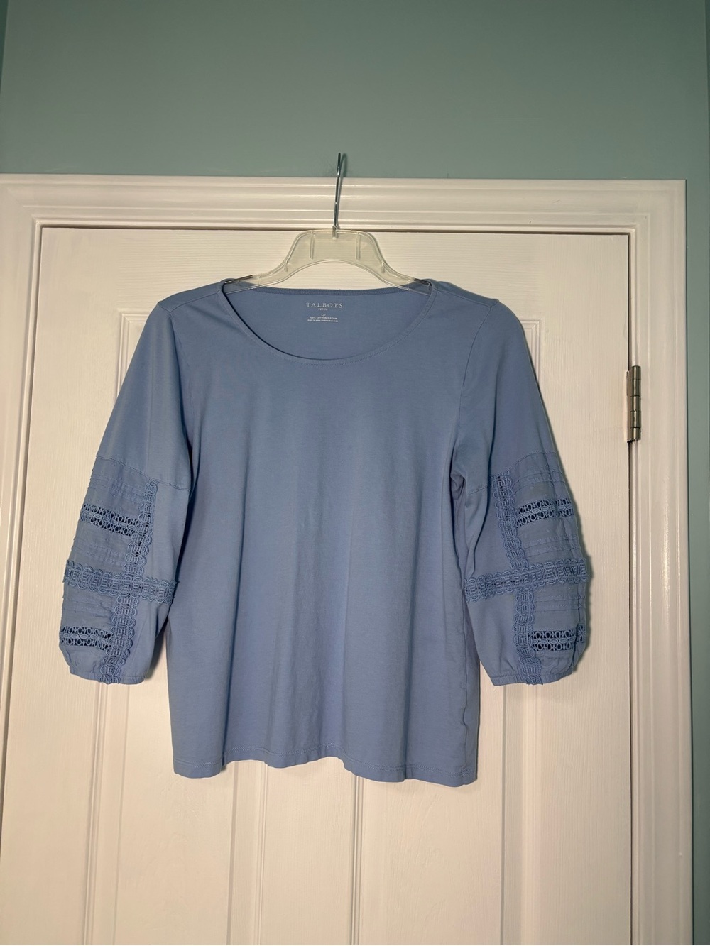 Talbots Soft Blue Lace-Inset Cotton Long Sleeve Tee